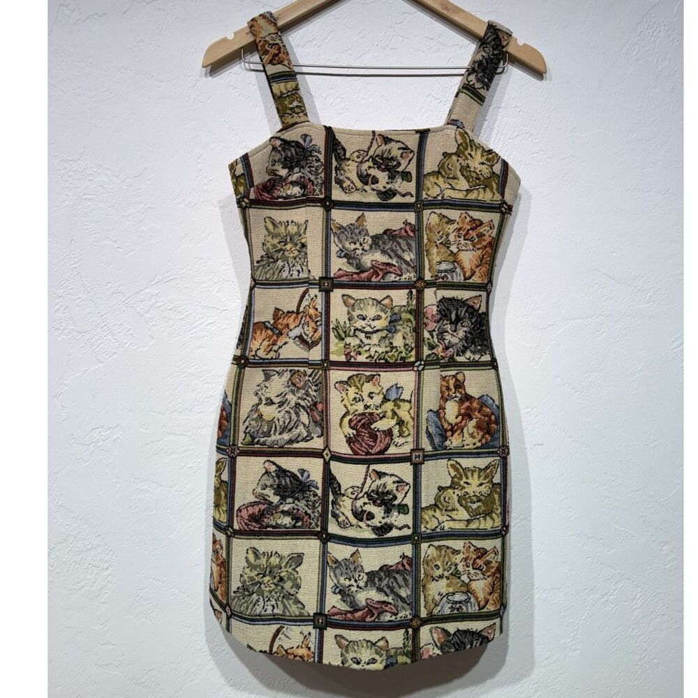 Vintage Style Tapestry Cat Print Mini Dress XS